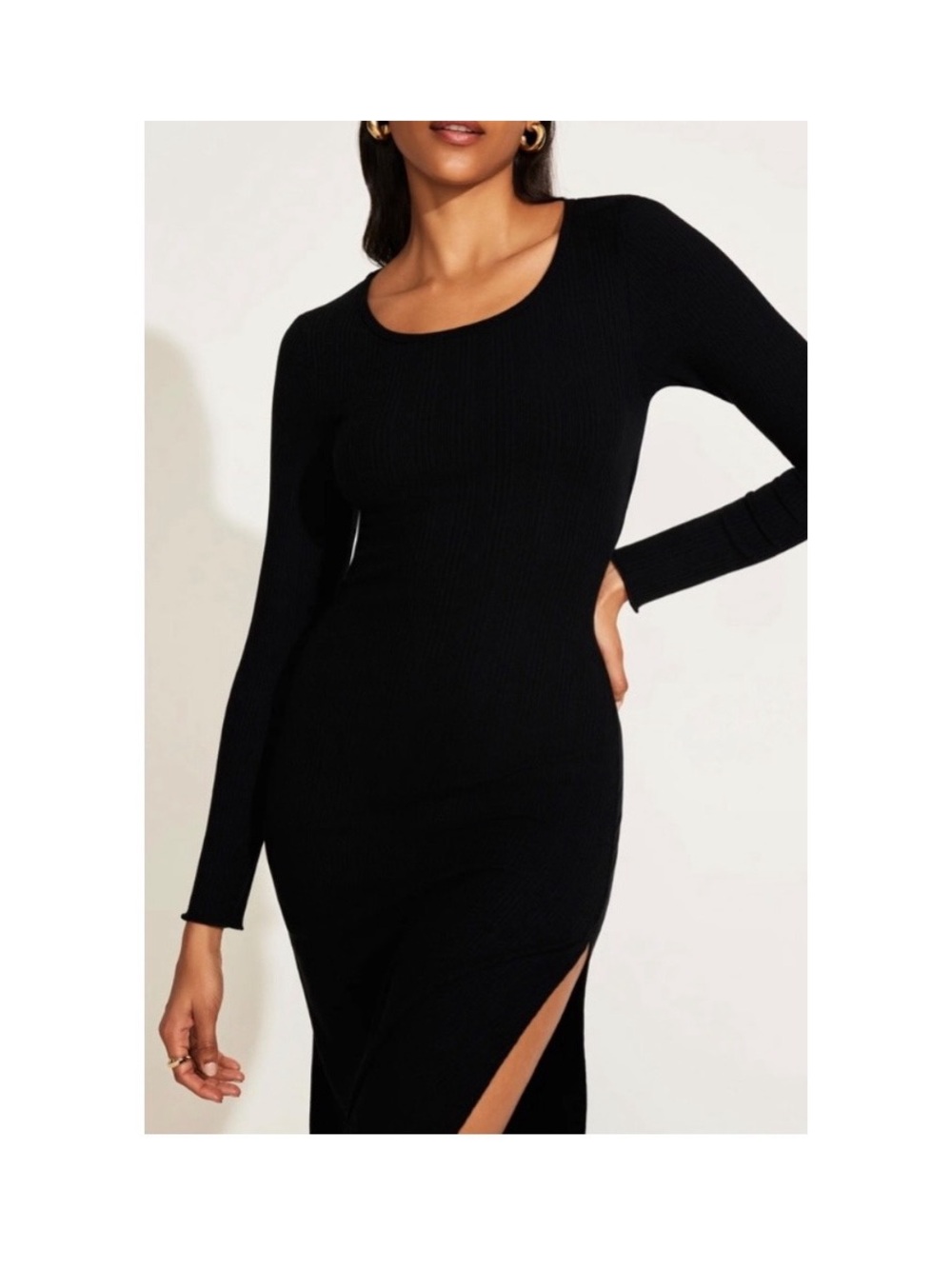 Black Organic Cotton Blend Ribbed Open Back Slit Midi Dress